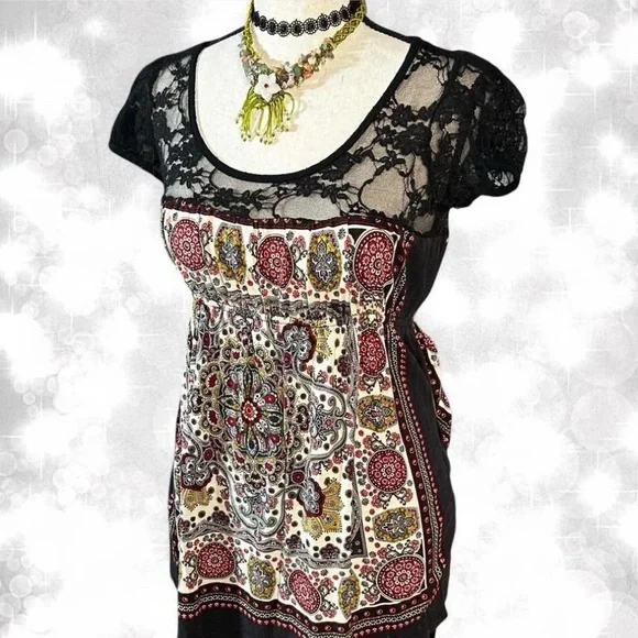 Alt Style Y2K Goth Black Lace Paisley Babydoll Top - Picture 2 of 6
